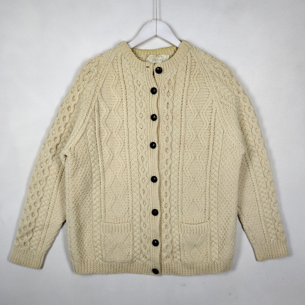 Blarney Boutique Aran Handknit Wool Cardigan Sweater Cream Cable Knit Ireland